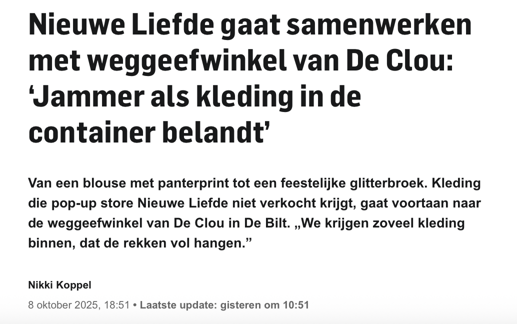 De CLOU | AD - Nieuwe Liefde samenwerken met weggeefwinkel Clou